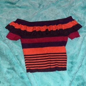 kimchi blue off-the-shoulder ruffle top - purple, pink, & orange striped